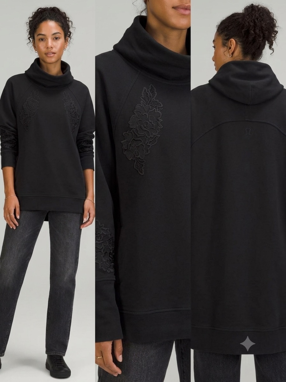 lululemon athletica Black Cowl-Neck Sweatshirt with Floral Appliqué